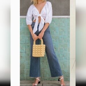 Reformation Mid Crop Flare Baltic Wash Button Fly Destressed Jeans